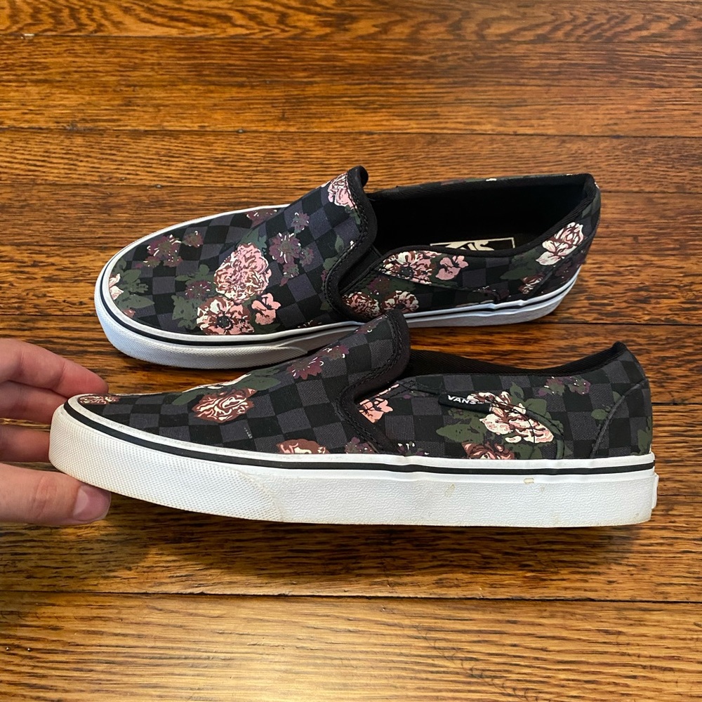 Floral and checkered slip on Vans shoes. Women’s size 8.5